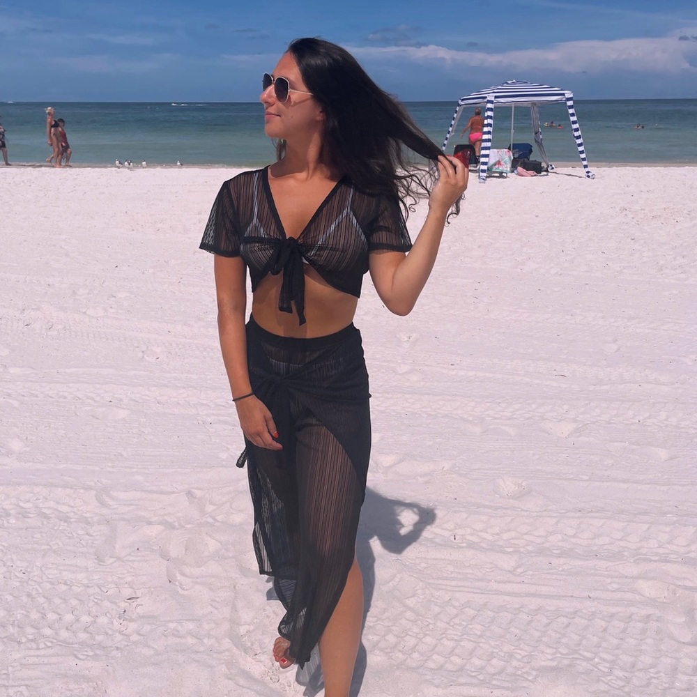 Mesh black two piece beach outfit